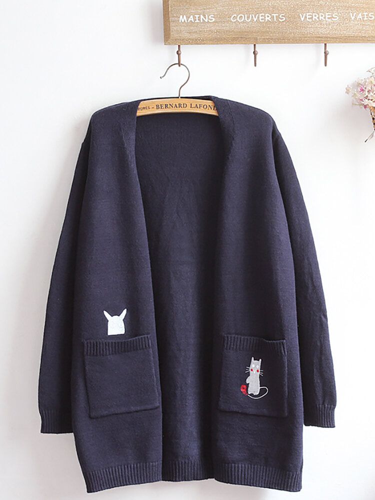 Cardigans Longs En Tricot De Chat Brodé