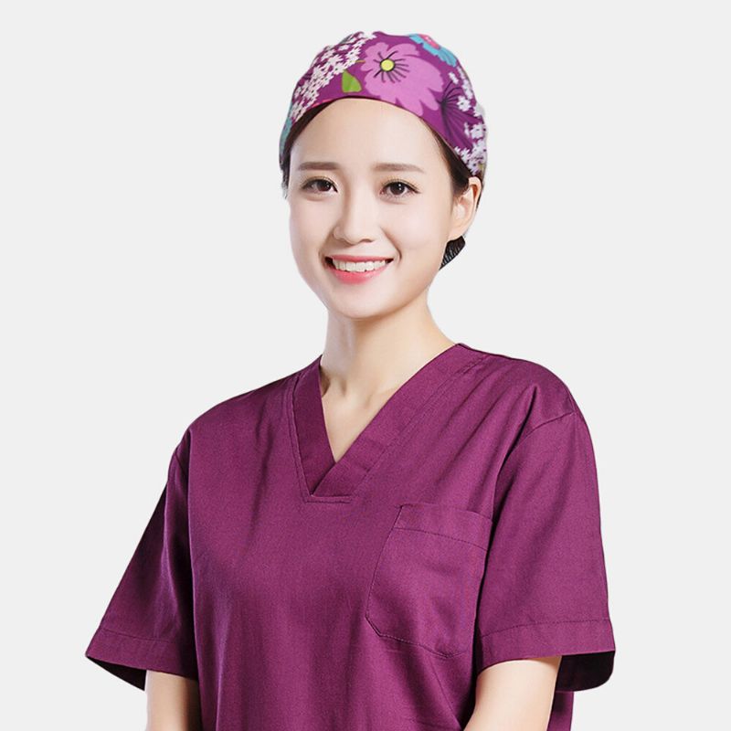 Cartoon Print Floral Elegance Tie-back Surgical Caps Scrub Hat