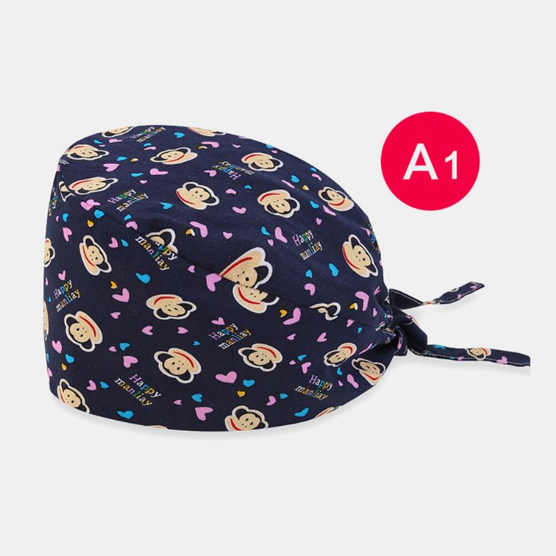 Cartoon Print Floral Elegance Tie-back Surgical Caps Scrub Hat