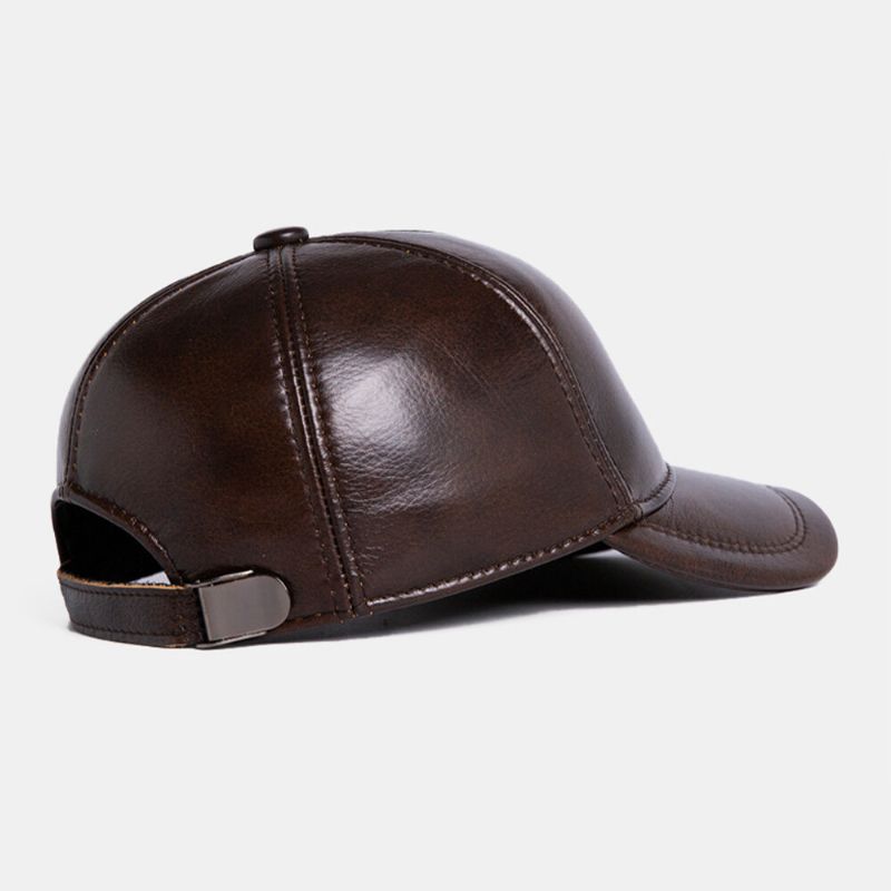 Casquette De Baseball Réglable En Cuir De Vachette Véritable Pour Hommes En Plein Air Protéger L'oreille Hiver Chaud Pour Le Père Âgé