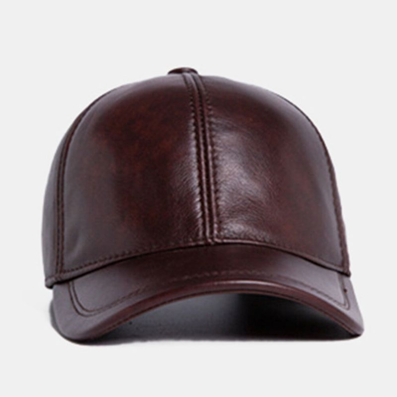 Casquette De Baseball Réglable En Cuir De Vachette Véritable Pour Hommes En Plein Air Protéger L'oreille Hiver Chaud Pour Le Père Âgé