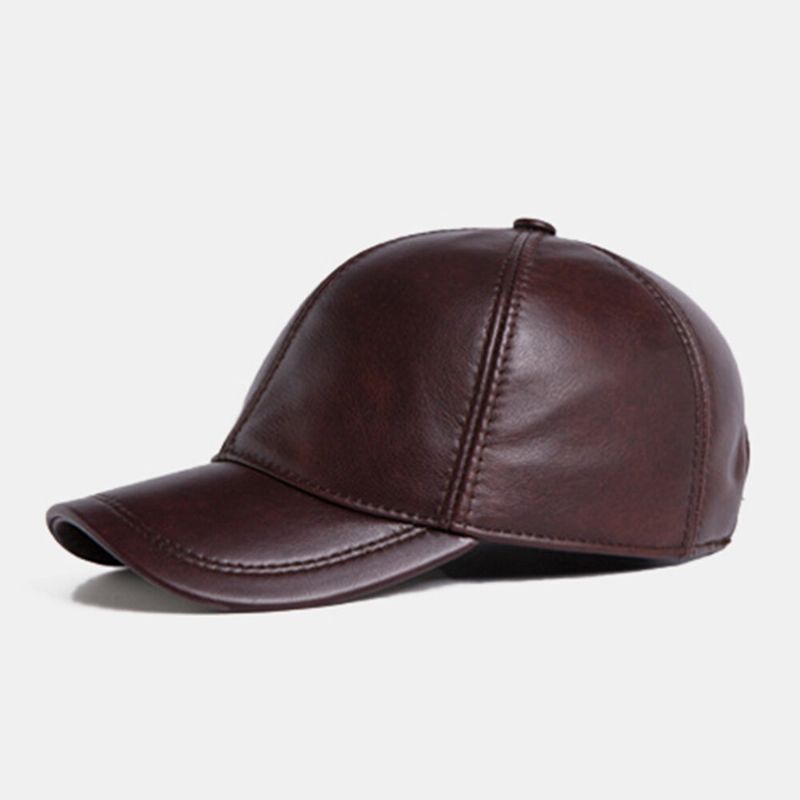 Casquette De Baseball Réglable En Cuir De Vachette Véritable Pour Hommes En Plein Air Protéger L'oreille Hiver Chaud Pour Le Père Âgé