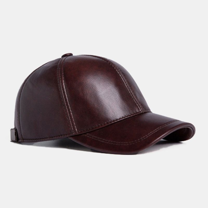 Casquette De Baseball Réglable En Cuir De Vachette Véritable Pour Hommes En Plein Air Protéger L'oreille Hiver Chaud Pour Le Père Âgé