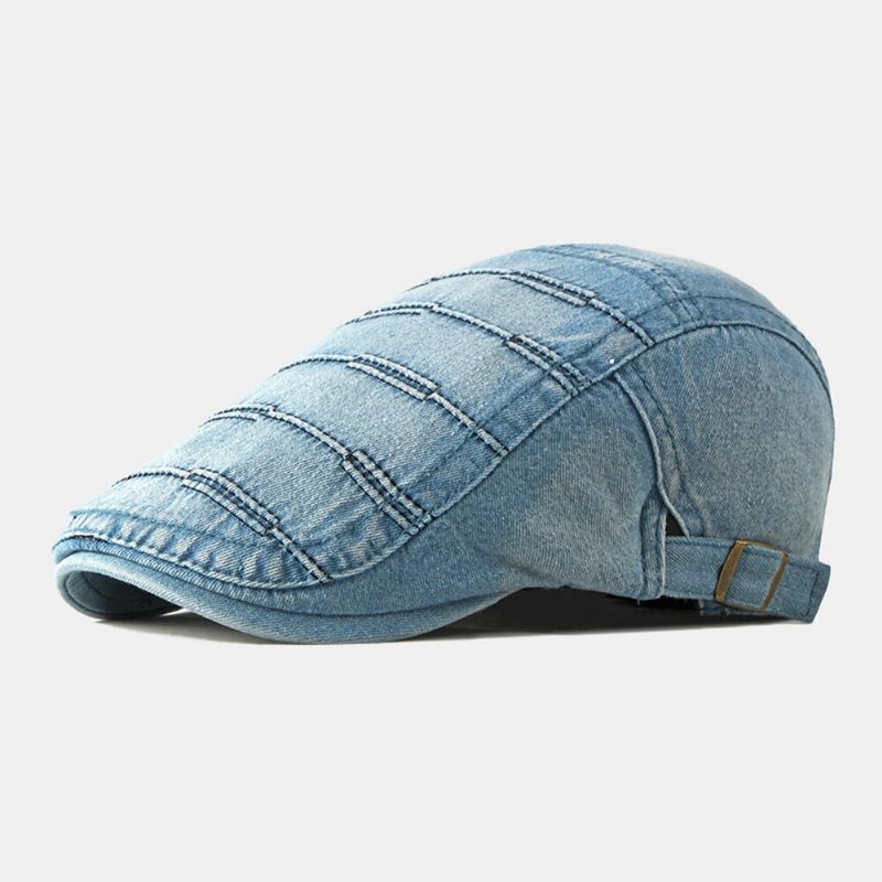 Casquette Gavroche Pour Homme Denim Délavé Solid Striped Stitches Casual Forward Hat Beret Flat Cap