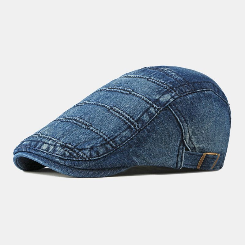 Casquette Gavroche Pour Homme Denim Délavé Solid Striped Stitches Casual Forward Hat Beret Flat Cap