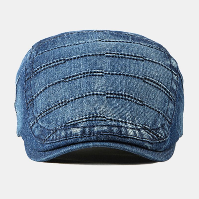 Casquette Gavroche Pour Homme Denim Délavé Solid Striped Stitches Casual Forward Hat Beret Flat Cap