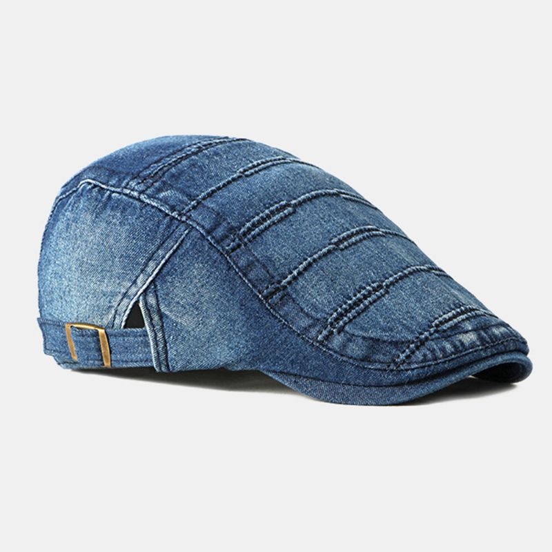 Casquette Gavroche Pour Homme Denim Délavé Solid Striped Stitches Casual Forward Hat Beret Flat Cap