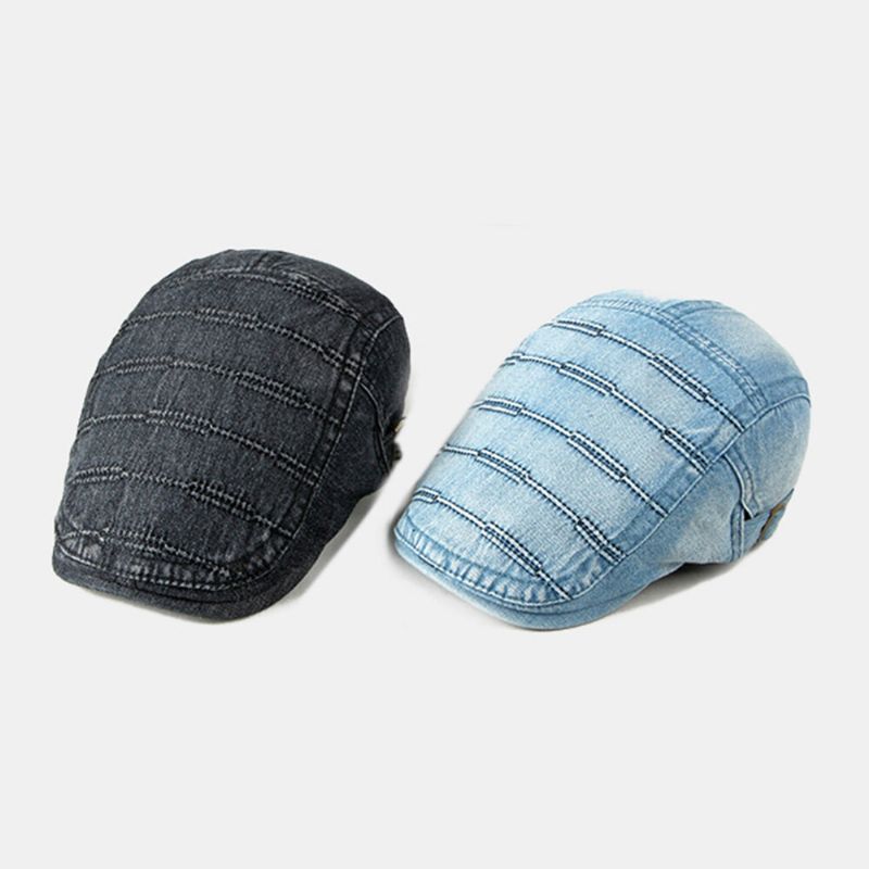 Casquette Gavroche Pour Homme Denim Délavé Solid Striped Stitches Casual Forward Hat Beret Flat Cap