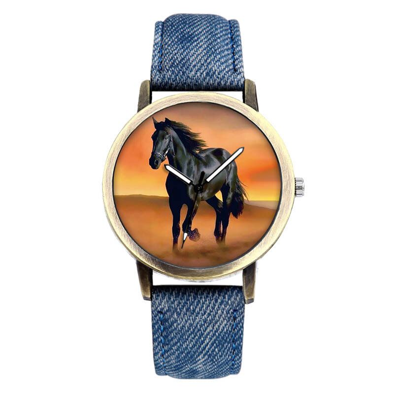 Casual Black Horse Desert Dial All-match Denim Strap Hommes Montre À Quartz Montre-bracelet