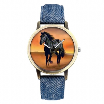 Casual Black Horse Desert Dial All-match Denim Strap Hommes Montre À Quartz Montre-bracelet