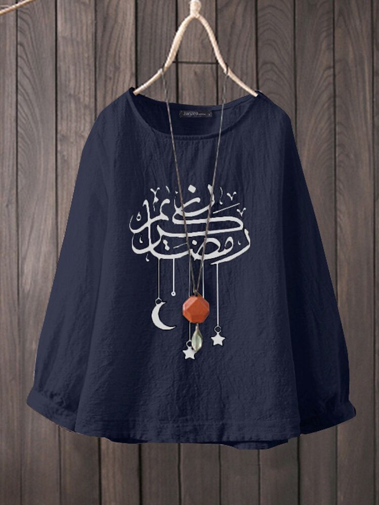 Casual Cartoon Print O-cou À Manches Longues Style Ramadan Femmes Blouse En Coton