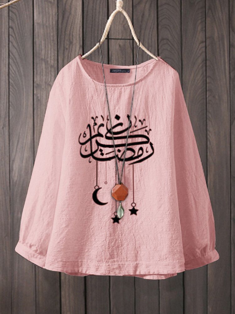 Casual Cartoon Print O-cou À Manches Longues Style Ramadan Femmes Blouse En Coton