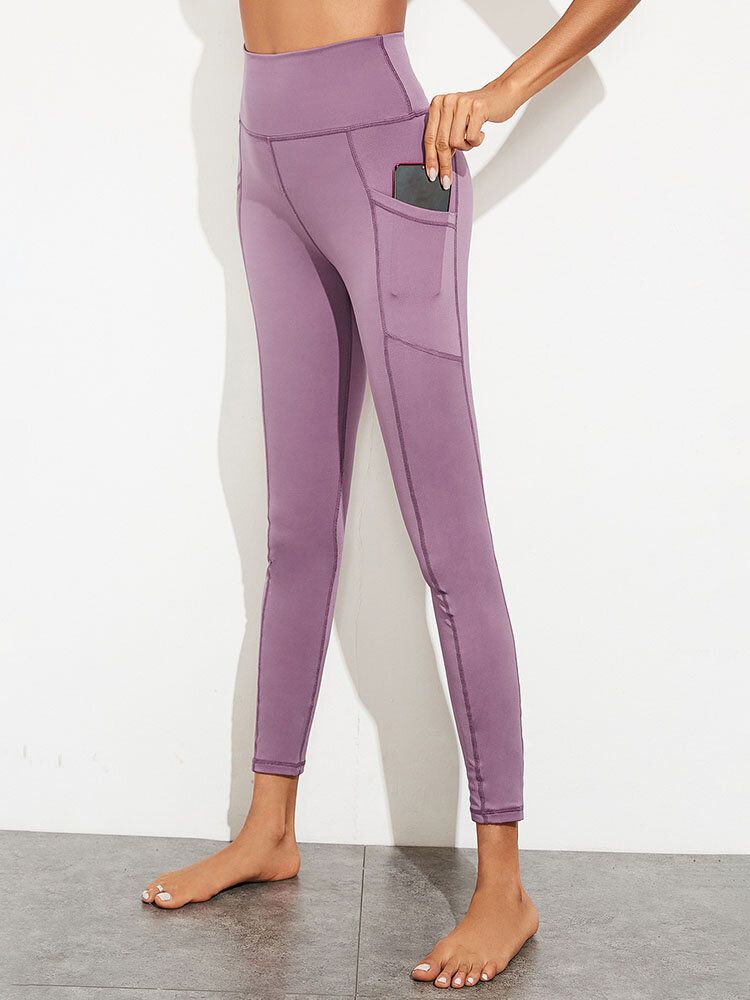 Casual Couleur Unie Couture Taille Haute Yoga Sport Poche Femmes Jogging Pantalon