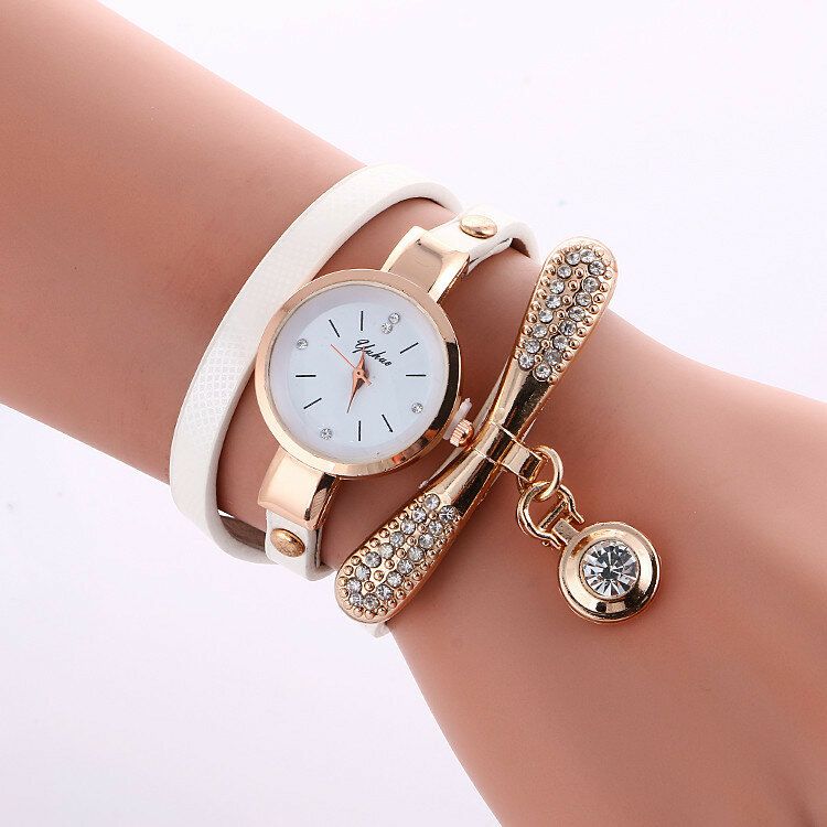 Casual Femmes Montre Bracelet En Cuir Strass Métal Décoratif Cercle Pendentif Multi-couche Quartz Montre