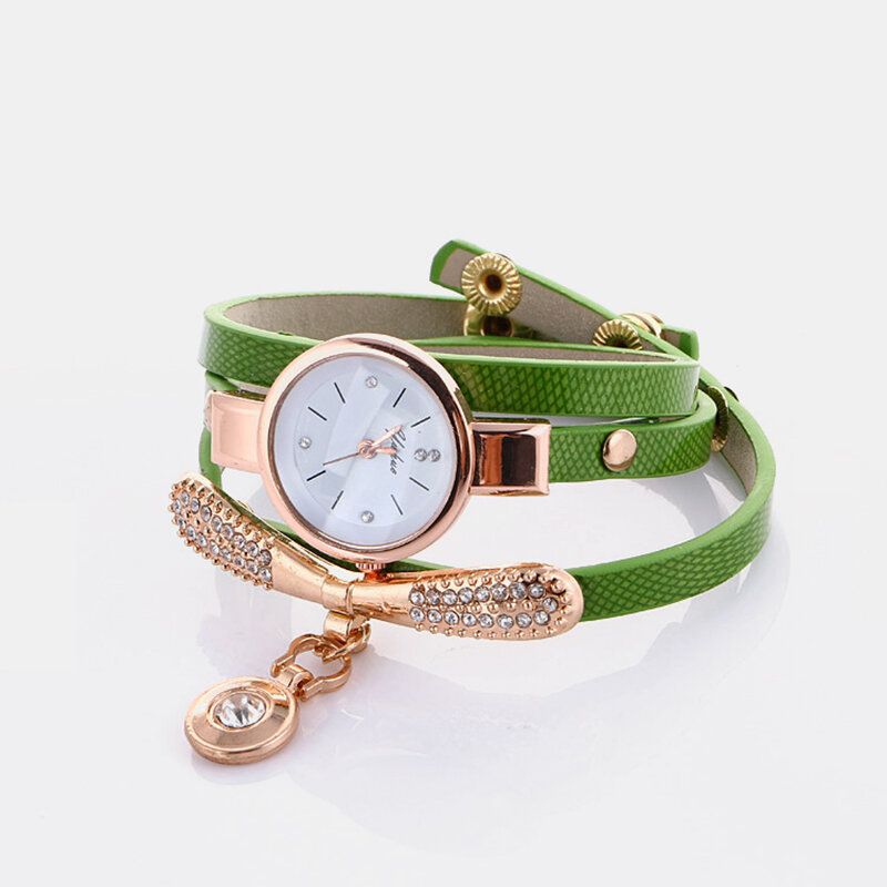 Casual Femmes Montre Bracelet En Cuir Strass Métal Décoratif Cercle Pendentif Multi-couche Quartz Montre