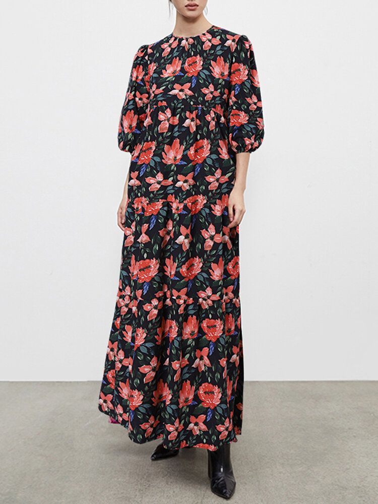 Casual Floral Print O-cou Loose Back Zipper Puff Sleeve Holiday Maxi Dress Pour Femmes