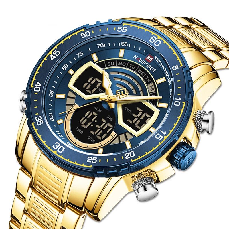 Casual Hommes Montre Numérique Pointeur Lumineux Avec Calendrier Cadran Bracelet En Acier Inoxydable 3atm Étanche Double Affichage Montre