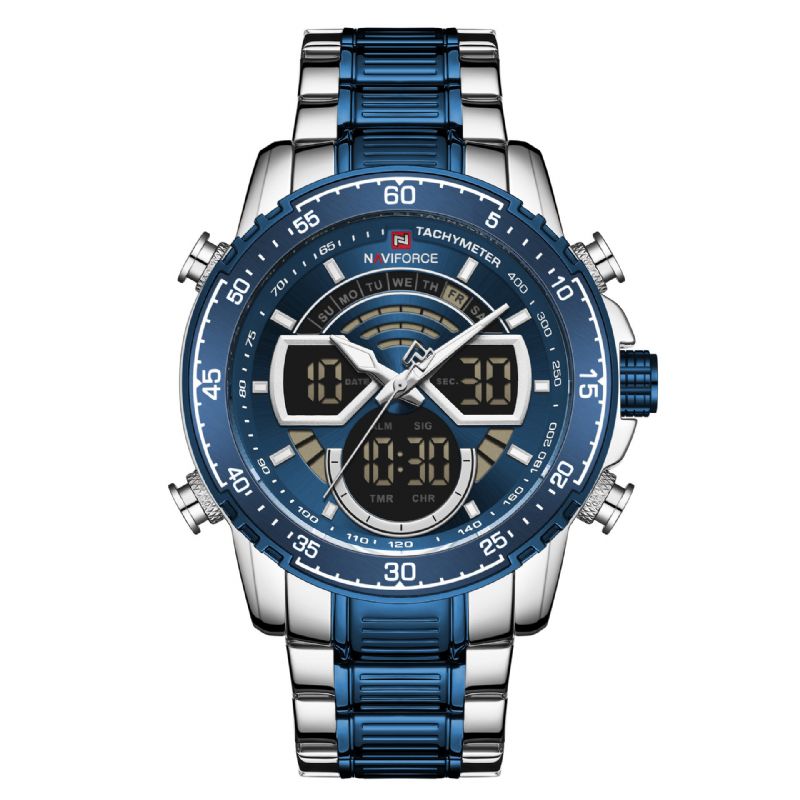 Casual Hommes Montre Numérique Pointeur Lumineux Avec Calendrier Cadran Bracelet En Acier Inoxydable 3atm Étanche Double Affichage Montre