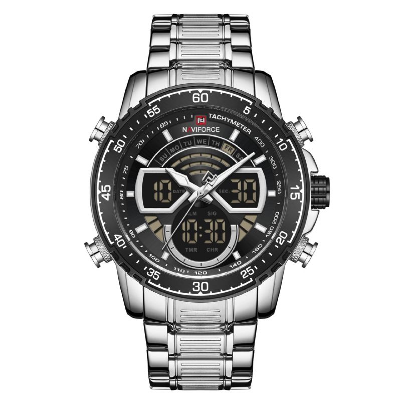 Casual Hommes Montre Numérique Pointeur Lumineux Avec Calendrier Cadran Bracelet En Acier Inoxydable 3atm Étanche Double Affichage Montre