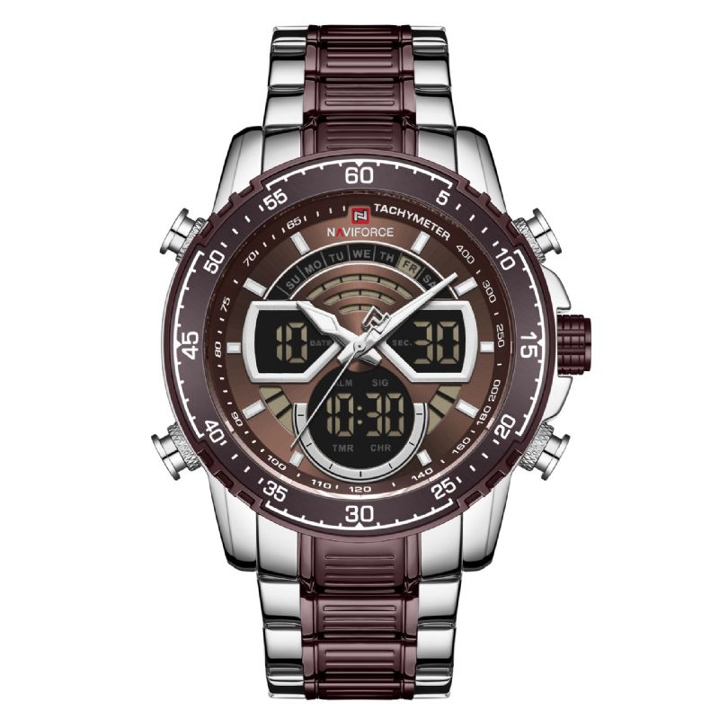 Casual Hommes Montre Numérique Pointeur Lumineux Avec Calendrier Cadran Bracelet En Acier Inoxydable 3atm Étanche Double Affichage Montre