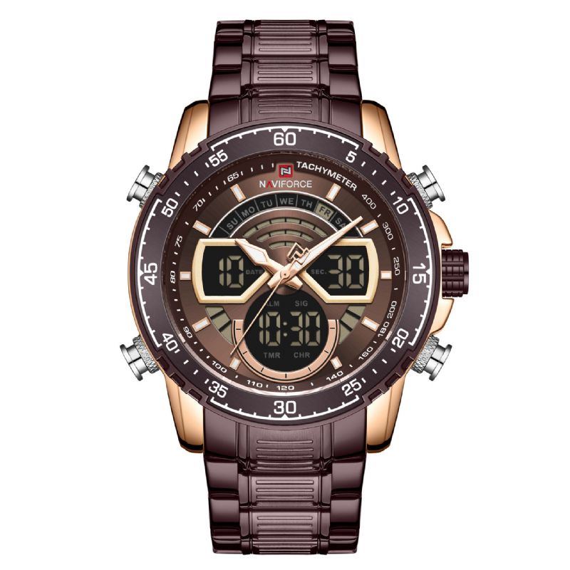 Casual Hommes Montre Numérique Pointeur Lumineux Avec Calendrier Cadran Bracelet En Acier Inoxydable 3atm Étanche Double Affichage Montre