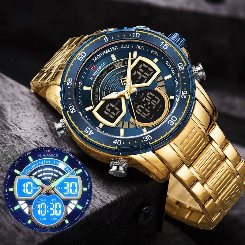 Casual Hommes Montre Numérique Pointeur Lumineux Avec Calendrier Cadran Bracelet En Acier Inoxydable 3atm Étanche Double Affichage Montre