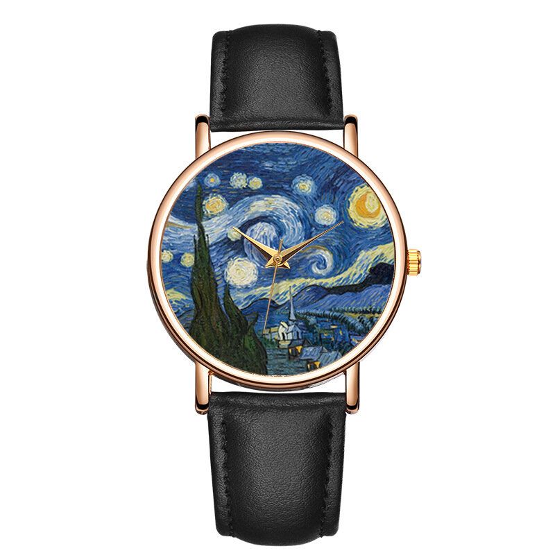 Casual Impressionniste Art Peinture Cadran Pu Bracelet En Cuir Hommes Montre À Quartz