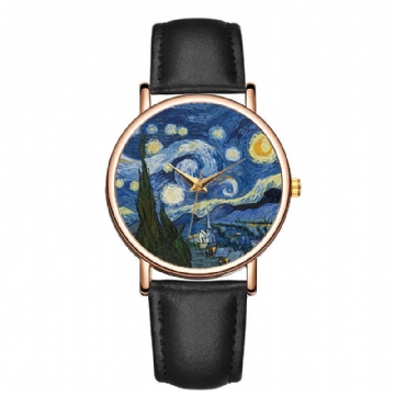 Casual Impressionniste Art Peinture Cadran Pu Bracelet En Cuir Hommes Montre À Quartz