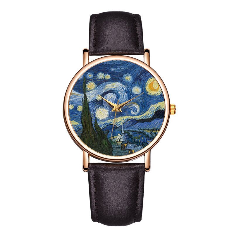 Casual Impressionniste Art Peinture Cadran Pu Bracelet En Cuir Hommes Montre À Quartz