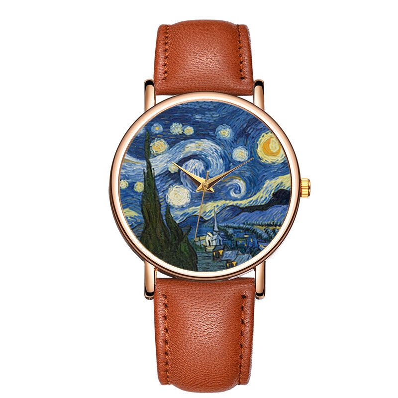 Casual Impressionniste Art Peinture Cadran Pu Bracelet En Cuir Hommes Montre À Quartz