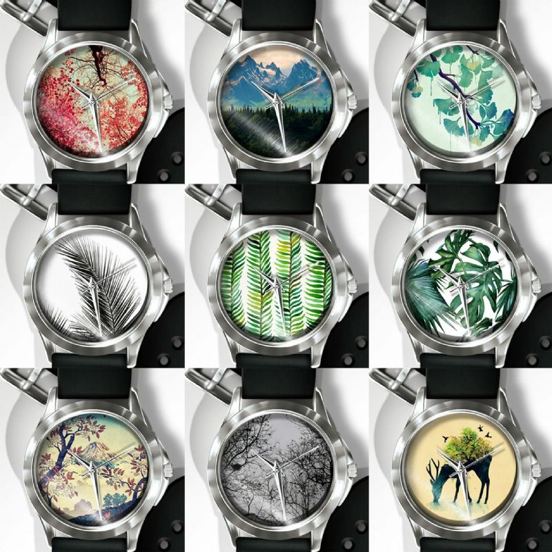 Casual Paysage Imprimé Hommes Montre Forêt Feuilles Fleurs Motif Femmes Montre À Quartz