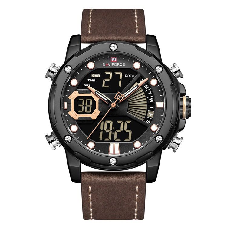 Casual Pointeur Lumineux Calendrier Alarme Chronomètre Double Affichage De L'heure Bracelet En Cuir Véritable 3atm Étanche Hommes Double Affichage Montre