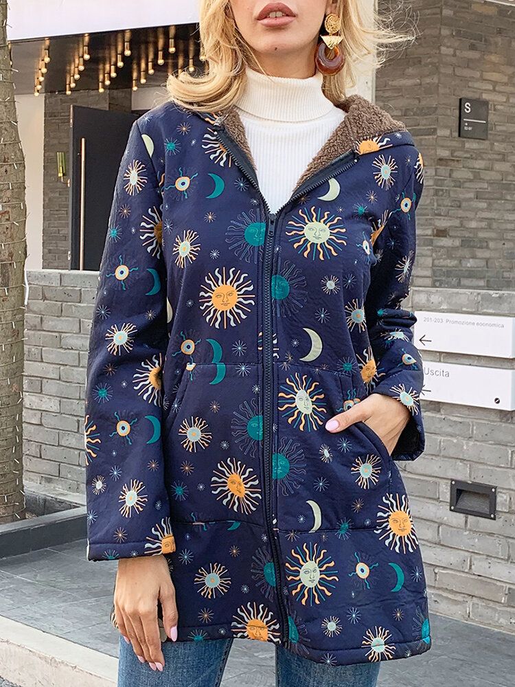 Casual Solor System Print Pockets Long Sleeve Plus Fleece Coats