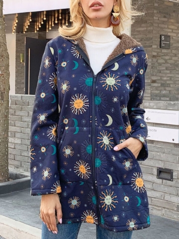 Casual Solor System Print Pockets Long Sleeve Plus Fleece Coats