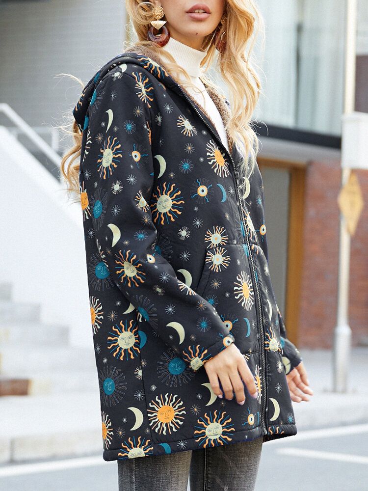 Casual Solor System Print Pockets Long Sleeve Plus Fleece Coats