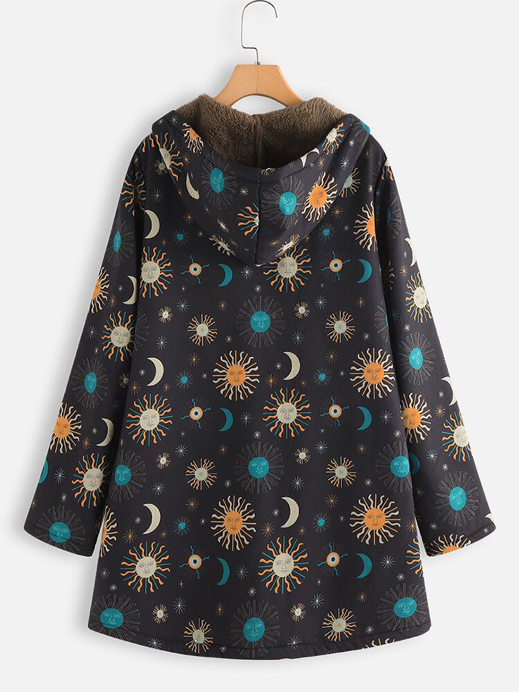 Casual Solor System Print Pockets Long Sleeve Plus Fleece Coats