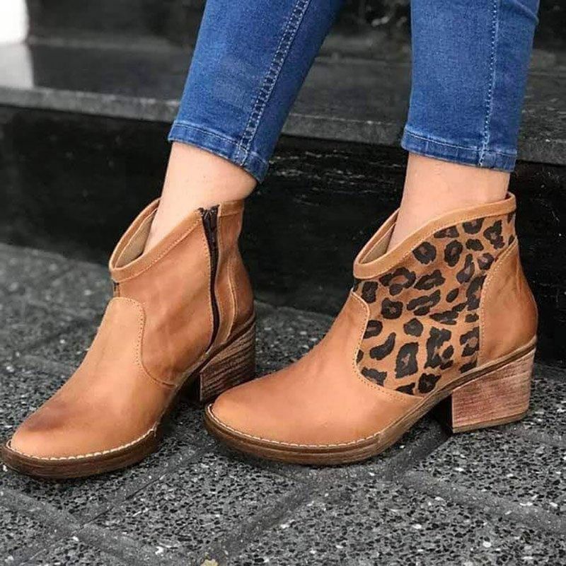 Casual Splicing Leopard Side Zipper Chunky Heel Cowboy Bottines Pour Femmes