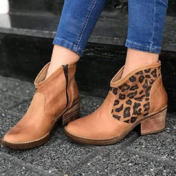 Casual Splicing Leopard Side Zipper Chunky Heel Cowboy Bottines Pour Femmes