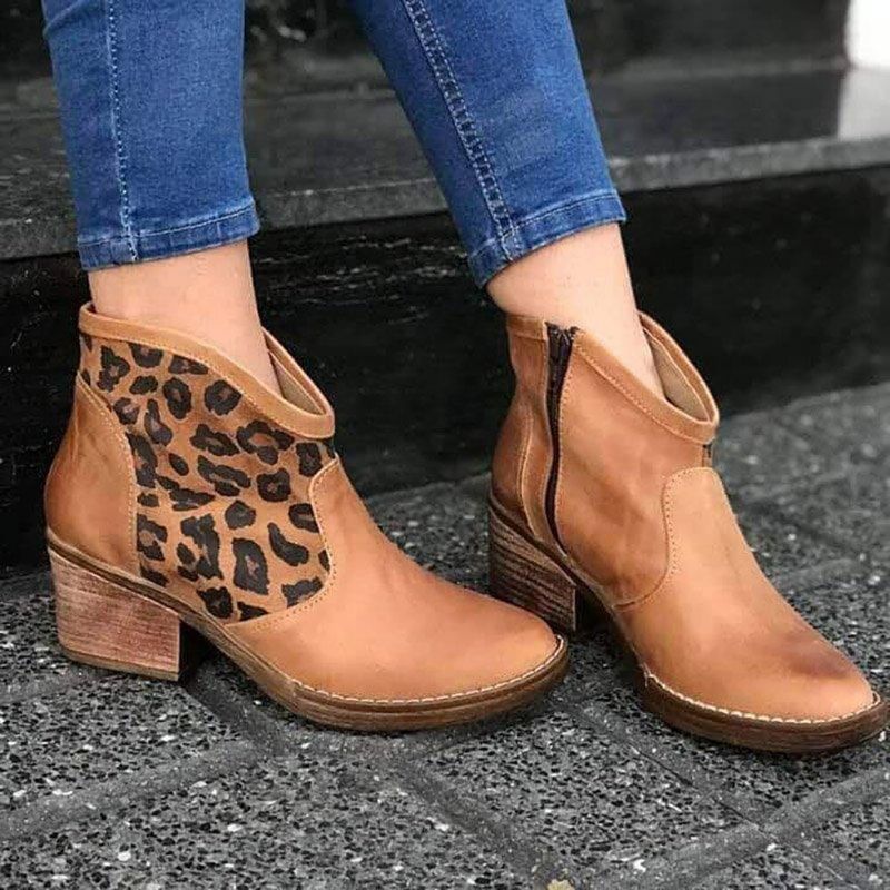 Casual Splicing Leopard Side Zipper Chunky Heel Cowboy Bottines Pour Femmes