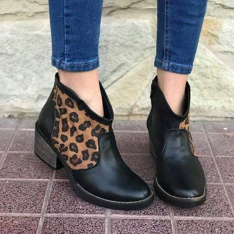 Casual Splicing Leopard Side Zipper Chunky Heel Cowboy Bottines Pour Femmes