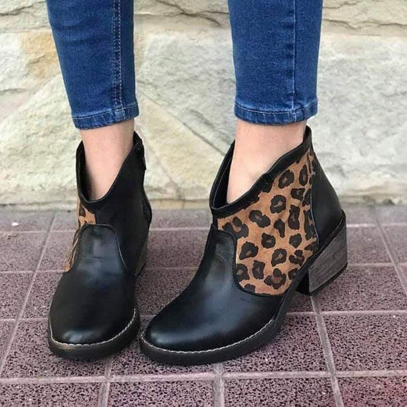 Casual Splicing Leopard Side Zipper Chunky Heel Cowboy Bottines Pour Femmes