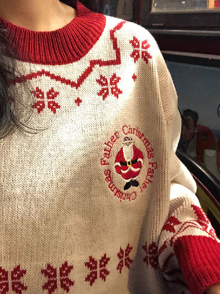 Chandails À Manches Longues Tricotés À Motif De Flocon De Neige Pour Père De Noël Pour Femmes