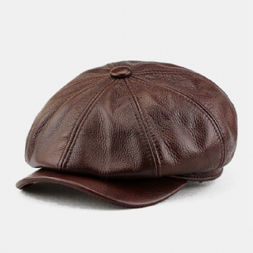 Chapeau Octogonal À Bord Court En Cuir De Vachette Pour Hommes Style Britannique Couleur Unie Chapeau De Gavroche Casquette De Peintre