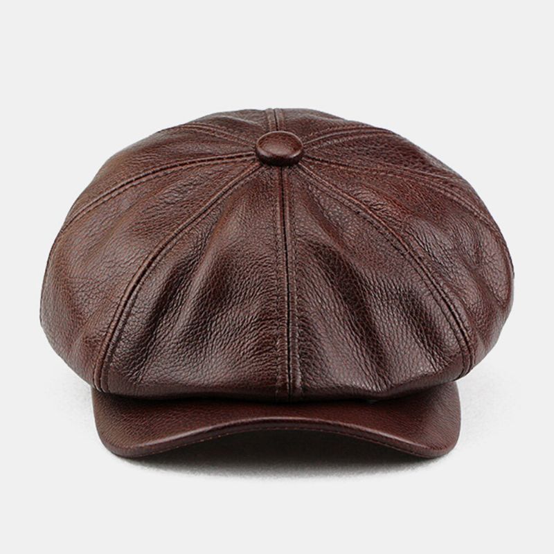 Chapeau Octogonal À Bord Court En Cuir De Vachette Pour Hommes Style Britannique Couleur Unie Chapeau De Gavroche Casquette De Peintre