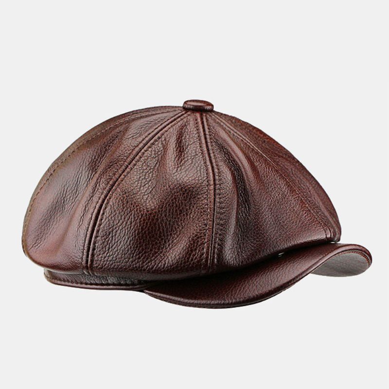 Chapeau Octogonal À Bord Court En Cuir De Vachette Pour Hommes Style Britannique Couleur Unie Chapeau De Gavroche Casquette De Peintre