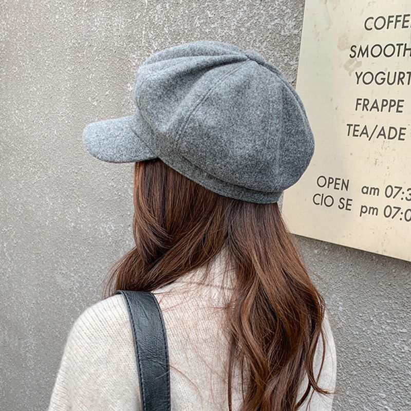 Chapeau Octogonal En Laine De Couleur Unie Pour Femmes Automne-hiver Épaissi Chaud Béret Casquette Peintre Chapeau