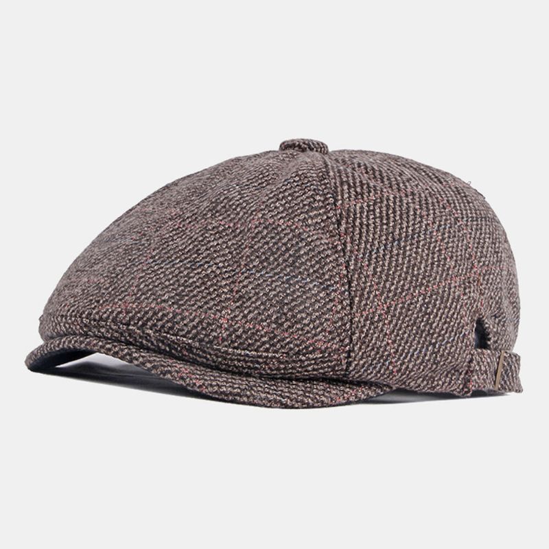 Chapeau Octogonal À Motif De Treillis À Bord Court Pour Hommes British Retro Side Boucle Réglable Casquette De Peintre Béret Casquette Plate