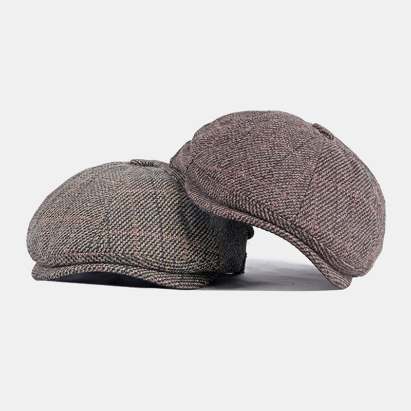 Chapeau Octogonal À Motif De Treillis À Bord Court Pour Hommes British Retro Side Boucle Réglable Casquette De Peintre Béret Casquette Plate