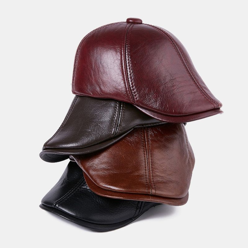 Chapeau À Oreillettes Pour Homme Dôme En Cuir De Vachette Protection Des Oreilles À Bord Court Bérets Coupe-vent Chapeau De Peintre