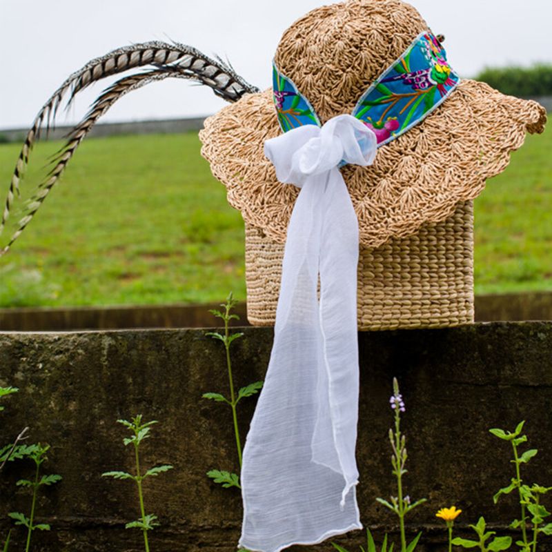 Chapeau De Paille Imprimé Brodé Pour Femme Avec Écharpe